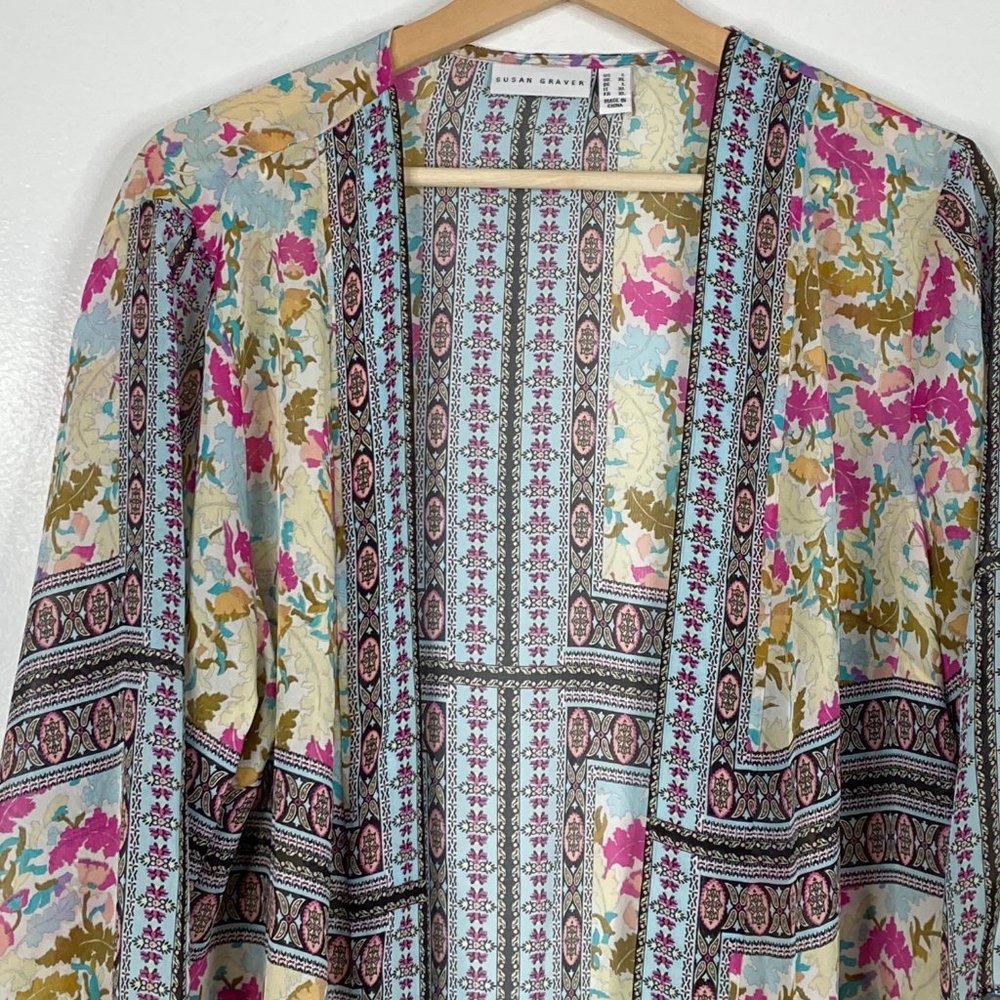 SUSAN GRAVER printed sheer woven cardigan Large - Picture 3 of 6